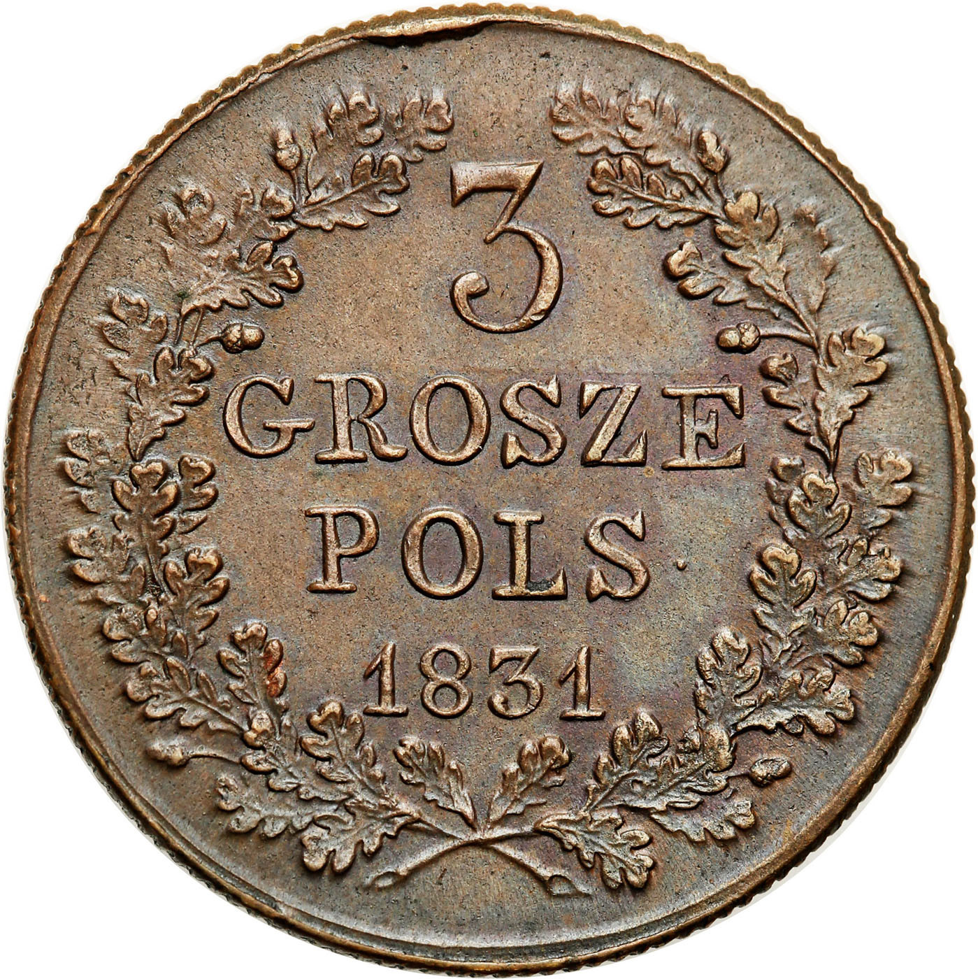 Powstanie Listopadowe. Trojak (3 grosze) 1831 KG, Warszawa - PIĘKNE